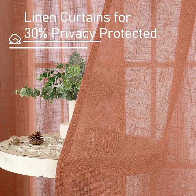 LAMIT Natural Linen Semi Sheer Curtains 48 Inch for Short Windows, Light Filtering Curtains Farmhouse Boho Bronze Grommet Drapes for Kitchen/Loft Room, 2 Panels (34 x 48 Inch, Terracotta)