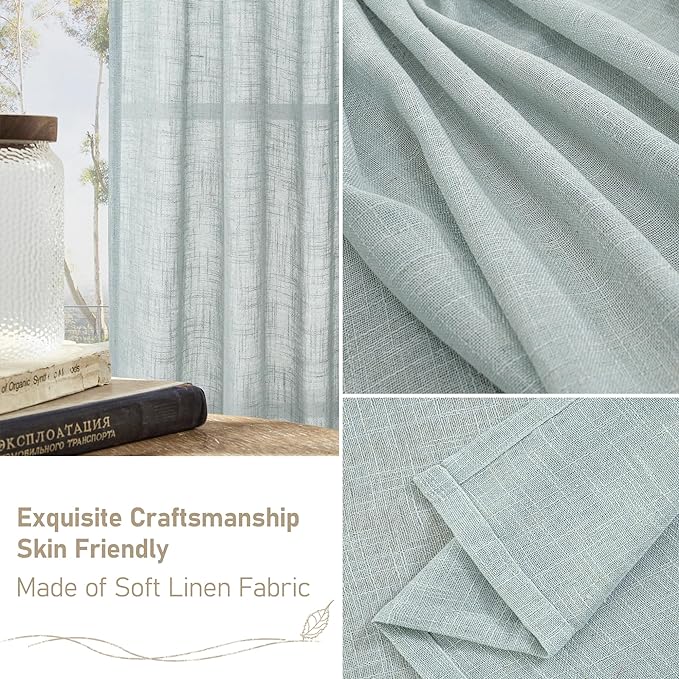 LAMIT Blue Linen Curtains 84 Inch Length for Living Room, Semi Sheer Light Filtering Drapes Bronze Grommet Boho Burlap Panels for Bedroom/Farmhouse, 2 Panels, 34 x 84 Inch, Greyish Blue