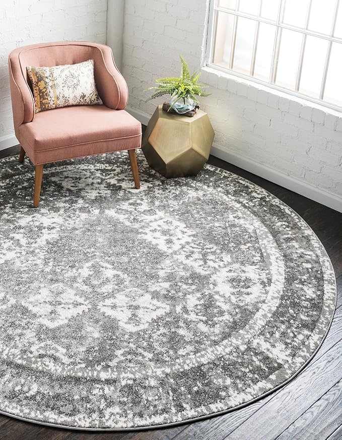 Unique Loom Rosso Collection Vintage, Traditional, Bohemian, Geometric, Distressed, Southwestern Area Rug, 8' 0" x 8' 0", Gray/Ivory