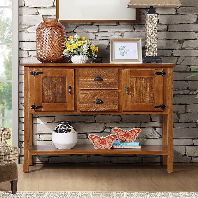 Solid Wood Farmhouse Console Table,Sofa Table with Storage Drawers and Shelves,Entryway Table for Entry Hallway Foyer,Fully Assembled (48" Brown)