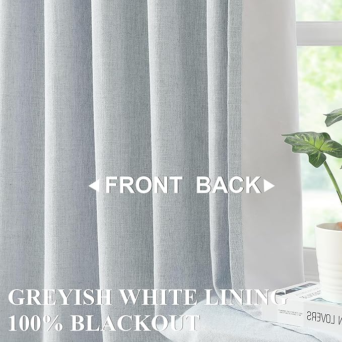 Vision Home Blue Gray Pinch Pleated Full Blackout Curtains Linen Blended Room Darkening Curtains 120 inch for Living Room Bedroom Thermal Insulated Pinch Pleat Drapes with Hooks 10ft 40" Wx120 Lx2
