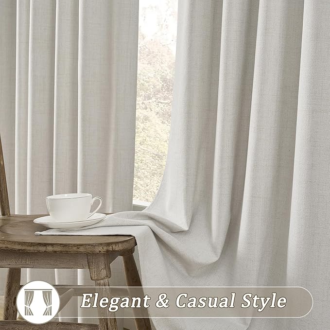 RAIN CITY 92 Inch Long Black Out Curtains 2 Panels Custom Drapery Neutral Blackout Pleated Ceiling Track Curtain for Dining Room Linen Textured Back Tab with Hooks 50"x92"