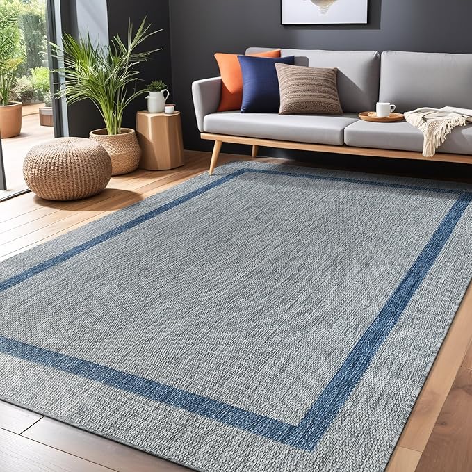 Bordered Outdoor Rug 10x14 Washable Outside Carpet for Indoor Patio Porch Waterproof Easy Cleaning Non Shedding Area Rugs Silver Gray - Blue 10 x 14