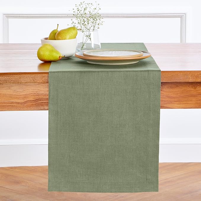 Solino Home Linen Oil Green Table Runner 108 Inches Long - 100% Pure Linen 14 x 108 Inch Table Runner for Fall, Autumn, Thanksgiving - Fete