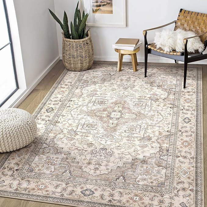 Washable Area Rugs for Living Room - 5x7 Neutral Vintage Distressed Floral Farmhouse Boho Large Soft Floor Rug Indoor Non Slip Carpet for Bedroom Dining Room Office - Brown/Multi