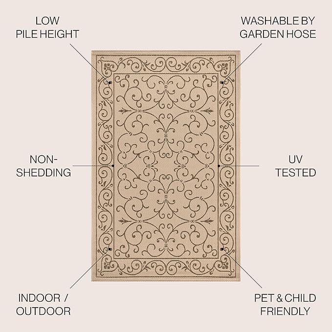 JONATHAN Y Vintage Filigree Indoor Outdoor Round Area Rug 6 Ft Beige/Brown, Charleston Textured Weave for Backyard, Patio, Porch, Easy-Cleaning, High Traffic, Pet-Friendly, Non-Shedding (SMB106A-6R)