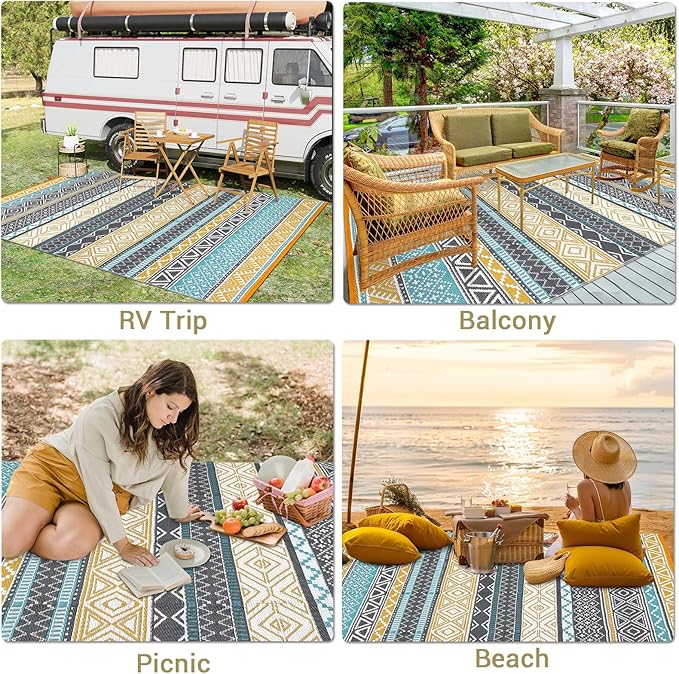 GAOMON Outdoor Rug 9'x12' Waterproof Rug for Patio Decor, Foldable Reversible Plastic Straw Area Rugs Mat for Camper, Outside Carpet for Deck, Porch, Picnic, Beach, Teal/Yellow(Bohemia)
