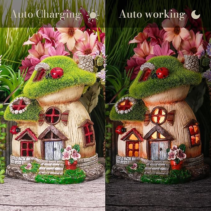 TERESA'S COLLECTIONS Mushroom Garden Statues with Outdoor Solar Light for Garden Decor, Green Flocked Decorations Resin Fairy House Accessories, Outdoor Decor Yard Gifts for Mom Women