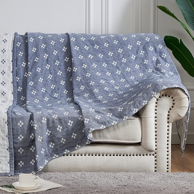 jinchan Boho 100% Cotton Blanket Muslin Lightweight Twin Size Quilted Throw Blanket for Couch Soft Cozy All Season Blanket 3-Layer Floral Throw Cotton Blanket for Bedroom Decor Blue 60x80 Inches