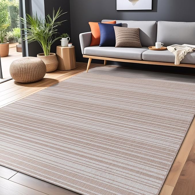 Stripe Outdoor Rug 10x14 Washable Outside Carpet for Indoor Patio Porch Waterproof Easy Cleaning Non Shedding Area Rugs Beige 10 x 14