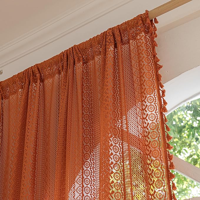 Sutuo Home Boho Curtains for Bedroom Kitchen Crochet Lace Sheer Bohemian Hollow Knitted with Tassels, Window Treatment Privacy Vintage Rustic Farmhouse Drapes, Rod Pocket 1 Panel 59" W x 63" L, Orange