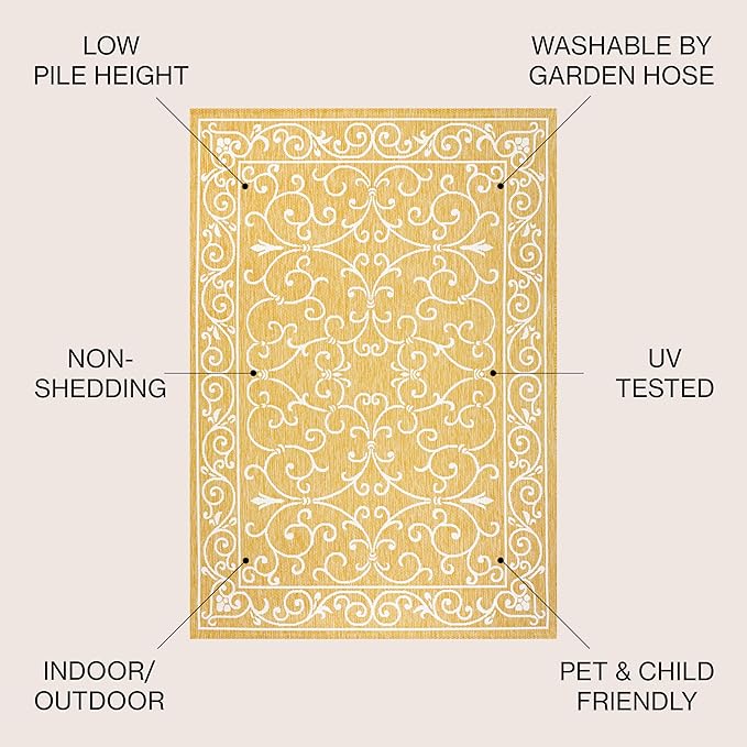 JONATHAN Y Vintage Filigree Indoor Outdoor Area Rug 8X10 Yellow/Cream, Charleston Textured Weave for Backyard, Patio, Porch, Easy-Cleaning, High Traffic, Pet-Friendly, Non-Shedding (SMB106L-8)