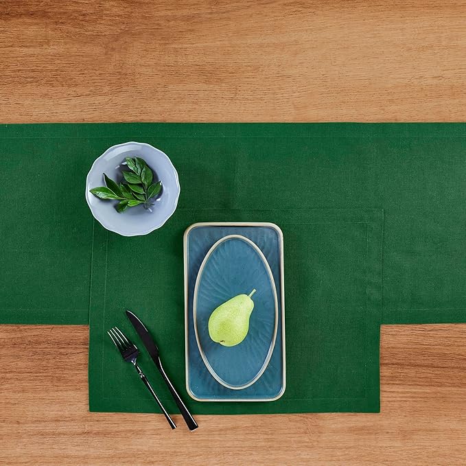 Solino Home Linen Table Runner 60 Inches - 100% Pure Linen Pine Green Table Runner 14 x 60 Inch Ideal for Dresser and Coffee Tables - Fall, Autumn, Thanksgiving - Fete