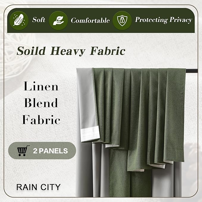 RAIN CITY 2 PCs Olive Green Linen Blackout Curtains 84 Inch Long for Living Room,Pinch Pleated Drape with Hooks Back Tab Boho Decor, Olive Forest Loden Full Black Out Curtains for Bedroom
