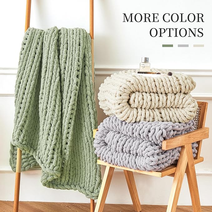 Admitrack Chunky Knit Blanket Throw, 100% Hand Knit Chenille Throw Blanket for Sofa & Home Decor, Soft and Cozy Knitted Throw Blankets (Sage Green, 60""x80""), XNR010