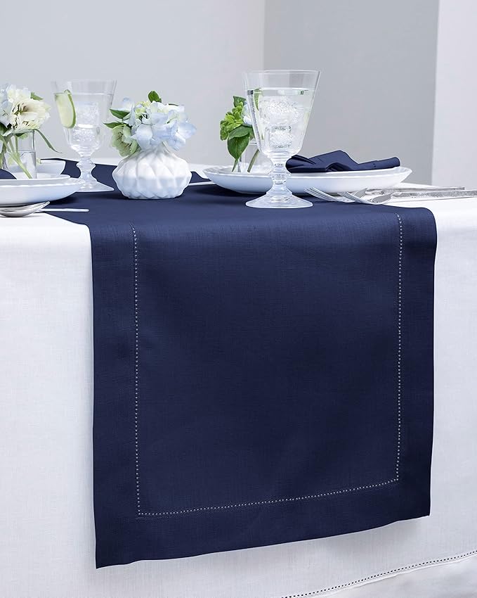 Solino Home Linen Navy Table Runner 36 Inches - Classic Hemstitch, 100% Pure Linen Coffee Table Runner 14 x 36 Inch Ideal for Dresser Tables - Fall, Autumn, Halloween, Thanksgiving