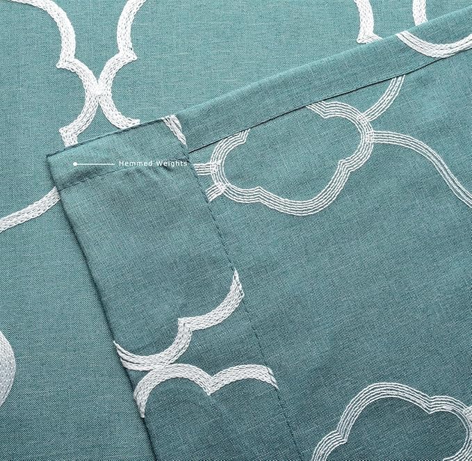 MIUCO Moroccan Embroidered Semi Sheer Curtains Faux Linen Grommet Window Panel Pair for Bedroom 52 x 63 Inch, Teal