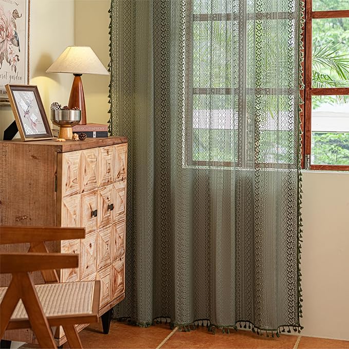 Sutuo Home Olive Green Boho Curtains 84 inches Long for Bedroom Living Room, Crochet Lace Sheer Bohemian Hollow Geometry Knitted Handmade Tassels, Privacy Vintage Farmhouse, 1 Panel 59" W x 84" L