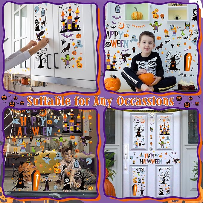 115PCS Halloween Window Clings, 9 Sheets Halloween Decorations, Cute Witch Tree Zombie Ghost Patterns PVC Window Stickers for Treat or Trick Party Favors Decal Supplies Decor Accessories