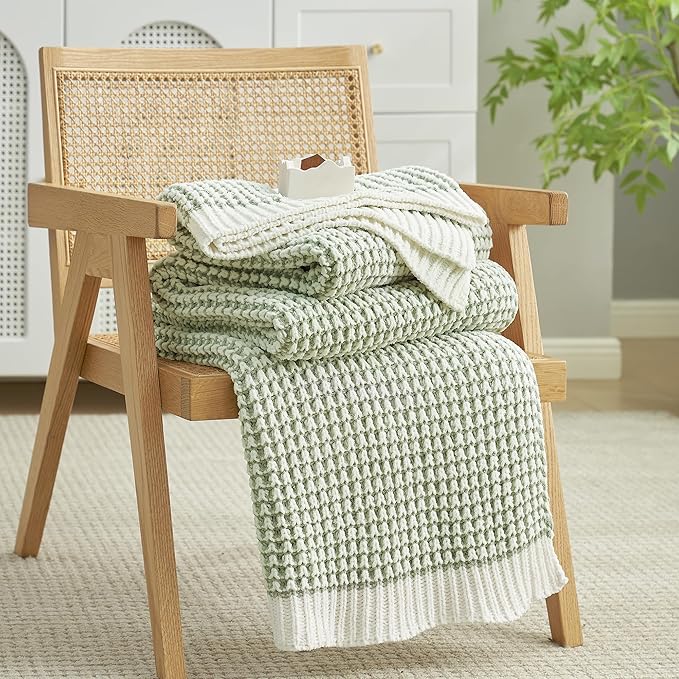 Amélie Home Chenille Waffle Throw Blanket for Couch, Reversible Pineapple Stitch Knit Soft Cozy Knit Blanket Lightweight Warm Decorative Throw for Sofa, Bed, Living Room, 60 * 80", Sage Green&Ivory