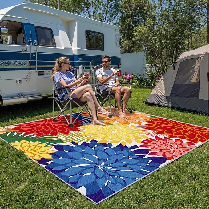 Indoor Outdoor Area-Rug Washable Multicolored Patio Rug Tropical Botanical Modern Floral Indoor Outdoor Carpet Non-Slip for Patio, Deck, Backyard, Porch (6x9)