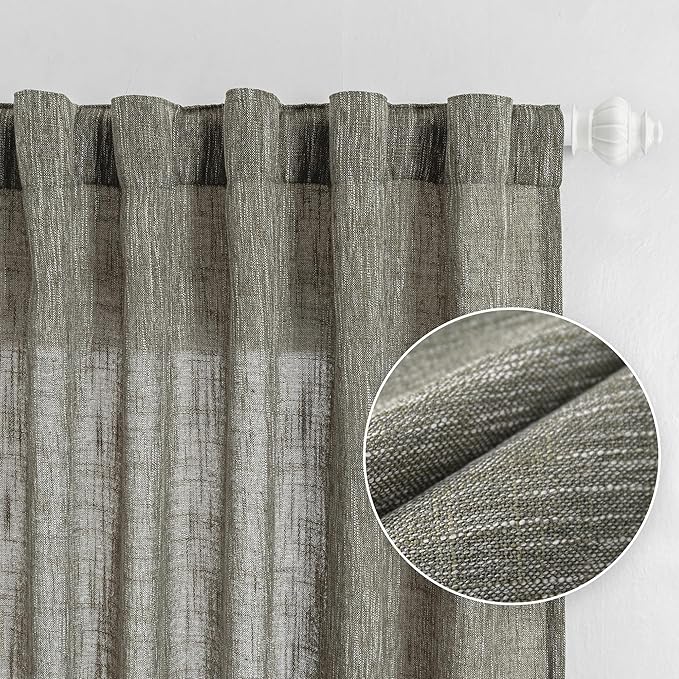 MYSKY HOME Short Curtains for Bedroom Semi Sheer Light Filtering Privacy Drapes for Small Window Linen Look Textured Boho Home Decor Backdrop Curtain for Parties, 50" x 63", Olive Green, 2 Panels