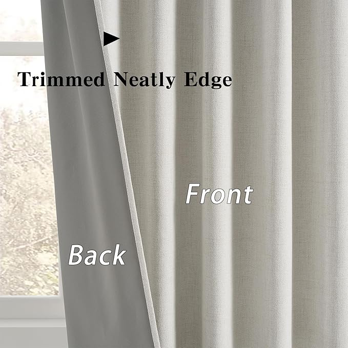 RAIN CITY Linen Blackout Curtain 90 Inches Long 2 Panels Set,Modern Neutral Black Out Hooks Drapes for Sliding Glass Door/Living Room Traverse Back Tab Cottagecore Nursery 50"x90" Natural Birch/Ivory