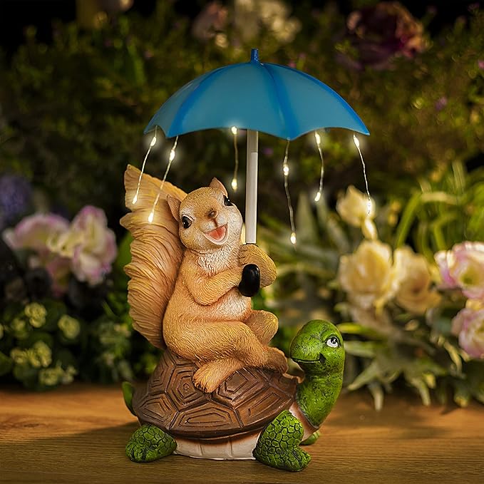 Malister Solar Garden Statue Outdoor Decor - Squirrel Siting on Turtle Statue with String Lights Umbrella for Patio, Garden Decor Garden Art Outdoor Lawn Decor Yard Art, Housewarming Garden Gifts
