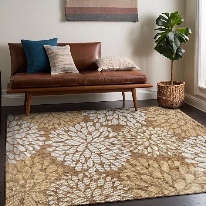 Beverly Rug Outdoor Rug 8x10 Modern Exotic Tropical Leaf Area Rugs for Indoor and Outdoor Patio Deck Porch Garden Water Resistant Washable Outside Carpet (8 x 10 Wooden)
