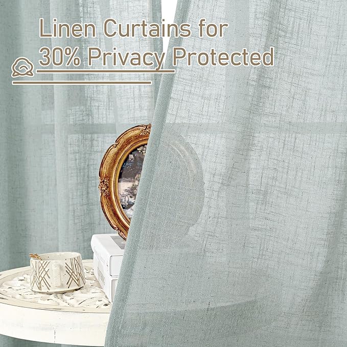 LAMIT Semi Sheer Linen Curtains 54 Inch Length 2 Panels, Greyish Blue Light Filtering Panels Bronze Grommet Neutral Drapes for Bedroom/Window/Dining Room, 52 x 54 Inch
