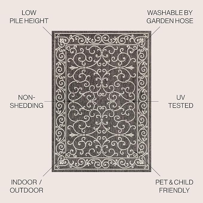 JONATHAN Y Vintage Filigree Indoor Outdoor Square Area Rug 4X4 Black/Gray, Charleston Textured Weave for Backyard, Patio, Porch, Easy-Cleaning, High Traffic, Pet-Friendly, Non-Shedding (SMB106G-4SQ)