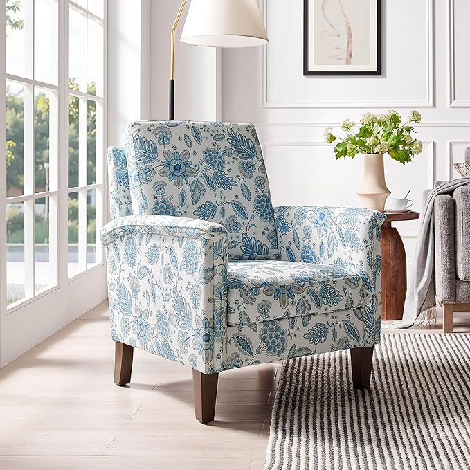 Floral Accent Chair Set of 2, High Back Upholstered Armchair with Solid Wooden Legs, Padded Armrest and Removable Comfortable Cushioned Seat Single Sofa for Living Room, Bedroom, Blue