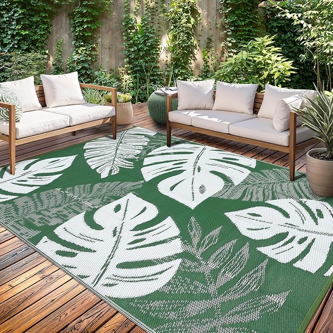 GAOMON Outdoor Rug 8x10 Patio Waterproof Reversible Plastic Straw Rug Modern Foldable Lightweight RV Camping Mat with Portable Bag & 4 Stakes, UV Resistant & Sturdy for Picnic Deck Balcony, Green
