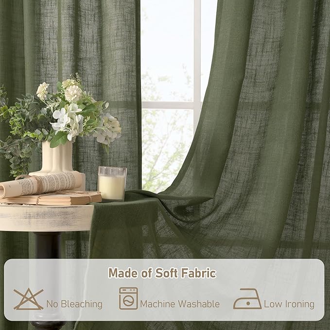 LAMIT Olive Green Linen Curtains 63 Inch Length 2 Panels for Bedroom, Light Filtering Window Treatments Semi Sheer Neutral Drapes with Bronze Grommet for Farmhouse, 34 X 63 Inch