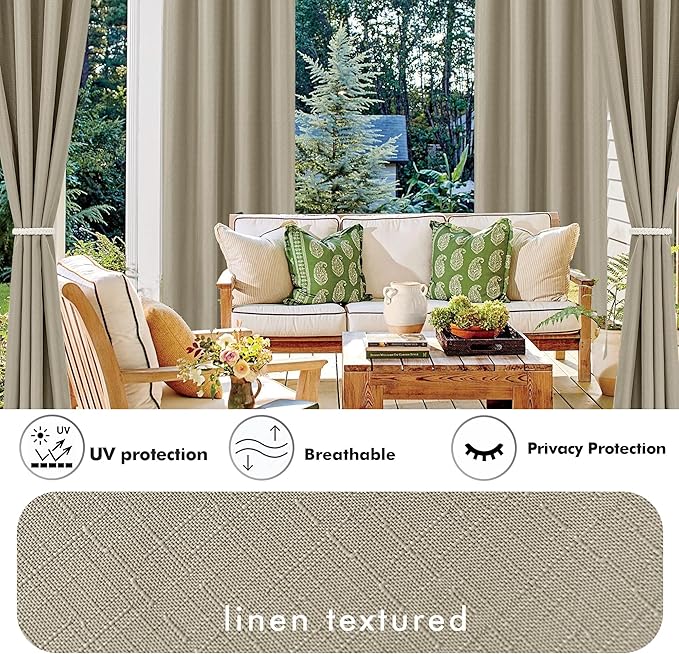 HolidayIdeas 6 Panels Linen Outdoor Curtains for Patio Waterproof Taupe Outside Curtains 54"x95"-Indoor/Outdoor Gazebo Curtains Weighted Weatherproof, Privacy for Pergola, Porch, Cabana, Backyard