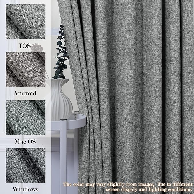 Mid Grey Pinch Pleat 100% Blackout Drapes Linen Blend, Room Divider, Room Darkening, Energy Saving, Furniture Protecting, Light Blocking Extra Wide Privacy Curtains, 200Wx102L, 1 PC