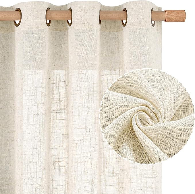 LAMIT Natural Ivory Linen Curtains 72 inches Long for Living Room, Soft Thick Semi Sheer Light Filtering Bronze Grommet Window Treatments Neutral Drapes for Bedroom, 2 Panels Set, 52 x 72 Inch
