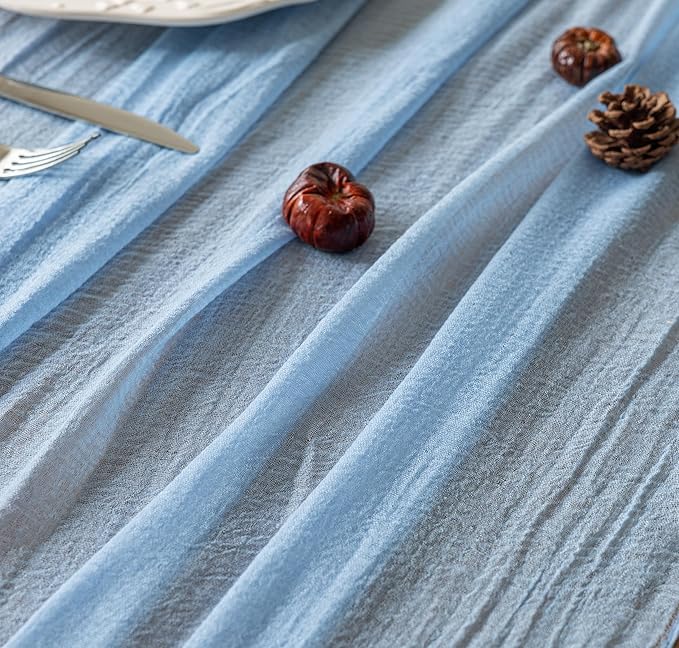 6pcs Light Blue Gauze Rustic Cheesecloth Table Runner 120 Inch 10 FT for Wedding Baby Shower Bridal Shower Birthday Engagement Garden Outdoor Party Long Sheer Boho Decorations