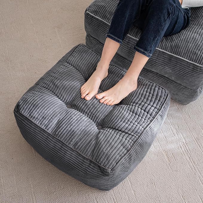 HIGOGOGO Square Stuffed Pouf Ottoman, Corduroy Poufs with Foam Chunk Filling, Furry and Fluffy Pouf Foot Stool Storage Ottoman, 25.6 X 25.6 Floor Poufs Foot Rest for Living Room, Dark Grey