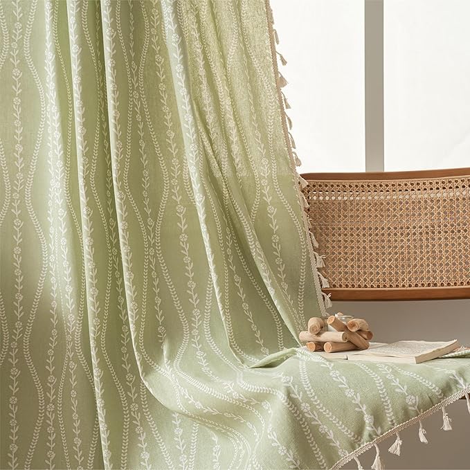Sutuo Home Boho Curtains 63 Inches Length for Kitchen Doorway Cafe Dining Room, Vintage Tassels Window Treatment Drape for Xmas Decorations Rod Pocket, 1 Panel 59" W x 63" L,Green Stripe Floral