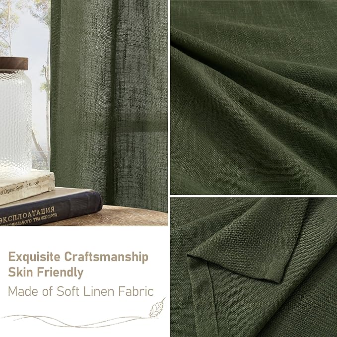 LAMIT Olive Green Linen Sheer Curtains 95 inch for Living Room 2 Panels, Soft Thick Light Filtering Boho Window Textured Christmas Drapes with Bronze Grommet for Bedroom Farmhouse, 52 x 95 Inch