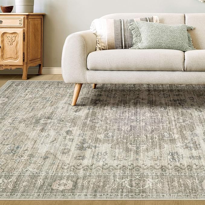 Washable Area Rugs for Living Room - 7x9 Neutral Vintage Distressed Floral Farmhouse Boho Large Soft Floor Rug Indoor Non Slip Carpet for Living Room Bedroom Dining Room Office - Brown/Tan