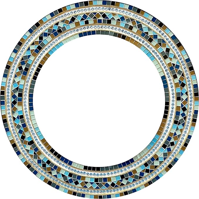 Mosaic Mirror, Wall Art Décor – Handcrafted Decorative Wall Mirror, Light and Navy Blue, Brown, Gray, and Black Round Mosaic