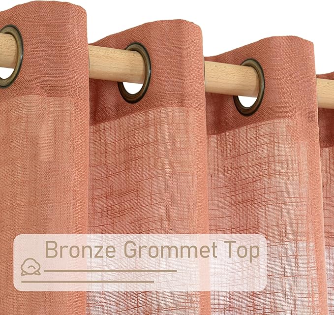 LAMIT Semi Sheer Linen Curtains 45 Inch Length, Terracotta Light Filtering Fall Decor Short Window Curtains with Bronze Grommet for Bedroom/Farmhouse, 2 Panels Set, 52 x 45 Inch