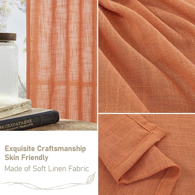 LAMIT Sheer Linen Curtains 63 Inch for Bedroom, Light Filtering Country Decor Semi Sheer Farmhouse Boho Curtains Bronze Grommet Living Room Panels, Burnt Orange, 2 Panels, 52 x 63 Inch