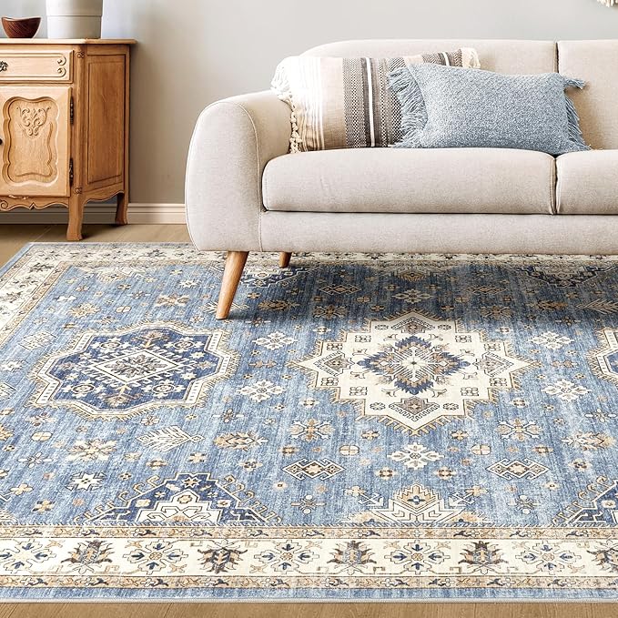 Washable Area Rugs for Living Room -10x13 Neutral Vintage Distressed Floral Farmhouse Boho Large Soft Floor Rug Indoor Non Slip Carpet for Living Room Bedroom Dining Room Office - Blue