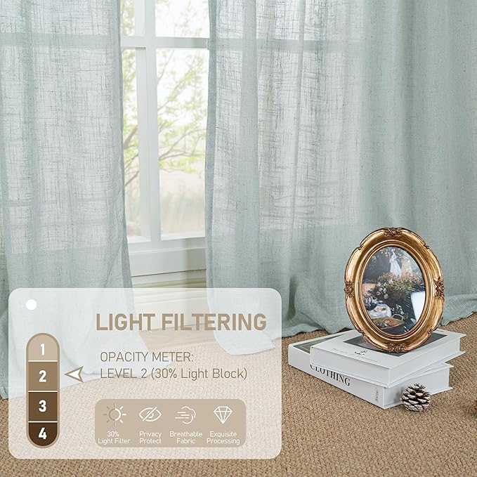 LAMIT Greyish Blue Linen Curtains for Windows 2 Panels Set, 48 Inch Linen Textured Light Filtering Drapes Bronze Grommet Boho Panels for Farmhouse/RV Camper/Loft, 34 x 48 Inch