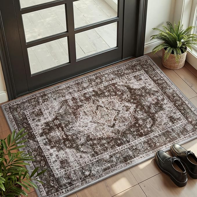 AMOAMI-2X3 Small Rug-Washable Rugs Entryway Mat Indoor-Soft Vintage Non Slip Rugs for Kitchen Laundry Room Bathroom Brick/Brown Decorative Accent Rug for in Front of Sink 24 Inch x36 Inch