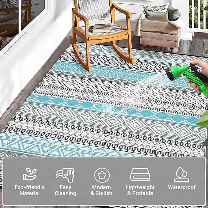 GAOMON Outdoor Plastic Straw Rug, 10'x14' Reversible Sage Green Patio Mat, Flower Modern Design for RV, Backyard, Deck, Camping, Picnic, Blue/Grey(Bohemia)