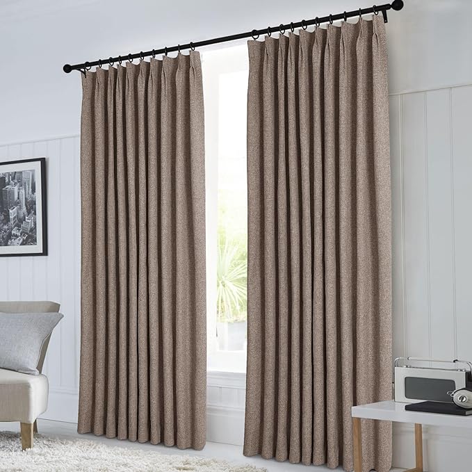 Macochico 100”Wx102”L 100% Blackout Pinch Pleated Linen Curtains for Sliding Door Bedroom Living Room Farmhouse Thermal Insulated Light Brown Burlap Drapes with Tieback 1 Panel Shabby Chic Style